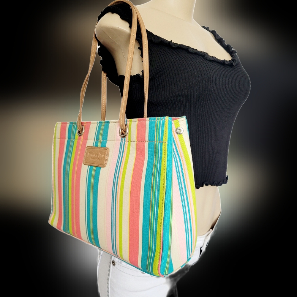 Jamaica Bay Discover Paradise Vibrant Striped Tote Shoulder Bag Cotton Canvas